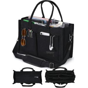 FIORETTO Canvas Tote Bag for Women with Zipper Closure & Individual Compartments for Work College for Teacher & Nurse(Black)