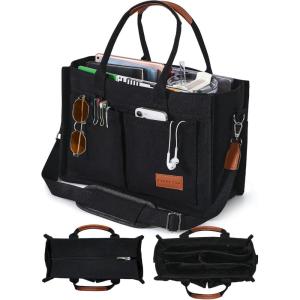 FIORETTO Canvas Tote Bag for Women with Zipper Closure & Individual Compartments for Work College for Teacher & Nurse(Black&brown)