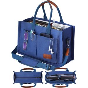 FIORETTO Canvas Tote Bag for Women with Zipper Closure & Individual Compartments for Work College for Teacher & Nurse(Dark Blue)