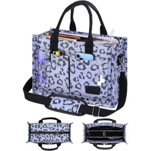 FIORETTO Canvas Tote Bag for Women with Zipper Closure & Individual Compartments for Work College for Teacher & Nurse(Leopard Gray)