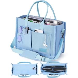 FIORETTO Canvas Tote Bag for Women with Zipper Closure & Individual Compartments for Work College for Teacher & Nurse(Light Blue)