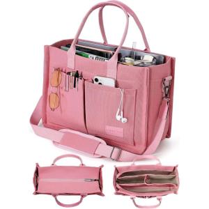 FIORETTO Canvas Tote Bag for Women with Zipper Closure & Individual Compartments for Work College for Teacher & Nurse(Pink)