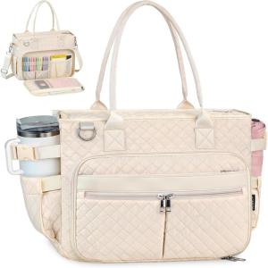 FIORETTO Teacher Tote Bag for Women with Laptop Compartment, Large Cup Holder, Zip Closure, Ideal for Work, Bible, Nurse(Beige)