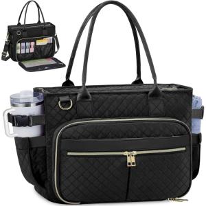 FIORETTO Teacher Tote Bag for Women with Laptop Compartment, Large Cup Holder, Zip Closure, Ideal for Work, Bible, Nurse(Black)