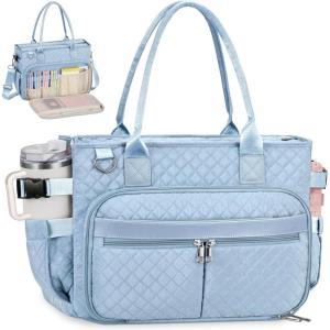 FIORETTO Teacher Tote Bag for Women with Laptop Compartment, Large Cup Holder, Zip Closure, Ideal for Work, Bible, Nurse(Ice Blue)