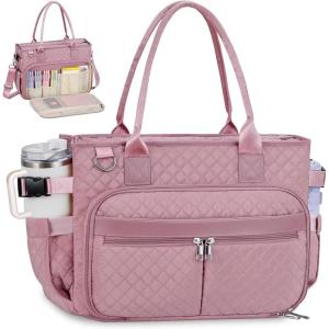 FIORETTO Teacher Tote Bag for Women with Laptop Compartment, Large Cup Holder, Zip Closure, Ideal for Work, Bible, Nurse(Pink)