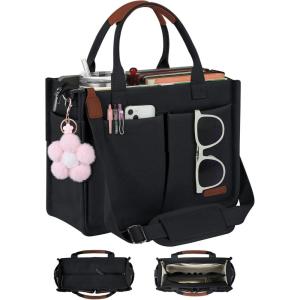 FIORETTO Womens Canvas Tote Bag Purse with Individual Compartment, Zipper Top, Reinforced Bottom & Luggage Sleeve(Black)