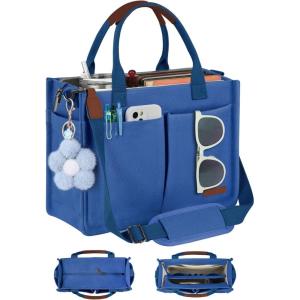 FIORETTO Womens Canvas Tote Bag Purse with Individual Compartment, Zipper Top, Reinforced Bottom & Luggage Sleeve(Demin Blue)