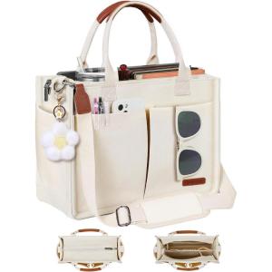 FIORETTO Womens Canvas Tote Bag Purse with Individual Compartment, Zipper Top, Reinforced Bottom & Luggage Sleeve(Ivory White)