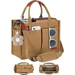 FIORETTO Womens Canvas Tote Bag Purse with Individual Compartment, Zipper Top, Reinforced Bottom & Luggage Sleeve(Khaki Brown)