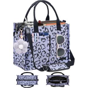 FIORETTO Womens Canvas Tote Bag Purse with Individual Compartment, Zipper Top, Reinforced Bottom & Luggage Sleeve(Leopard Gray)
