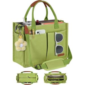 FIORETTO Womens Canvas Tote Bag Purse with Individual Compartment, Zipper Top, Reinforced Bottom & Luggage Sleeve(Lime Green)