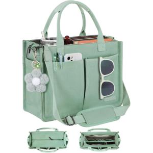 FIORETTO Womens Canvas Tote Bag Purse with Individual Compartment, Zipper Top, Reinforced Bottom & Luggage Sleeve(Mint Green)