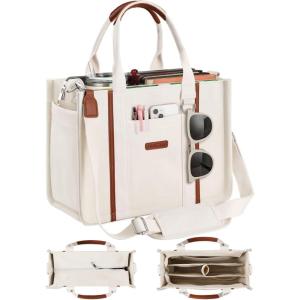 FIORETTO Women’s Canvas Tote Bag Purse with Zipper, Multi Compartment & Reinforced Bottom, Ideal for Work, Bible, Travel(Beige)