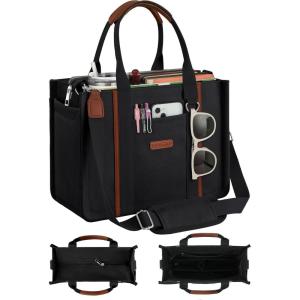 FIORETTO Women’s Canvas Tote Bag Purse with Zipper, Multi Compartment & Reinforced Bottom, Ideal for Work, Bible, Travel(Black)