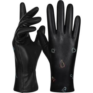 FIORETTO Women’s Winter Chrome-Free Sheepskin Leather Gloves Cashmere Wool Lined, Touchscreen & Embroidered W25003(Black)