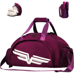 FIORETTO 30L Sports Gym Duffle Bag with Wet Pocket & Shoe Compartment, Weekender Hospital Overnight Bag for Women, Sports Holdall Backpack(B-Dark Purple & White)