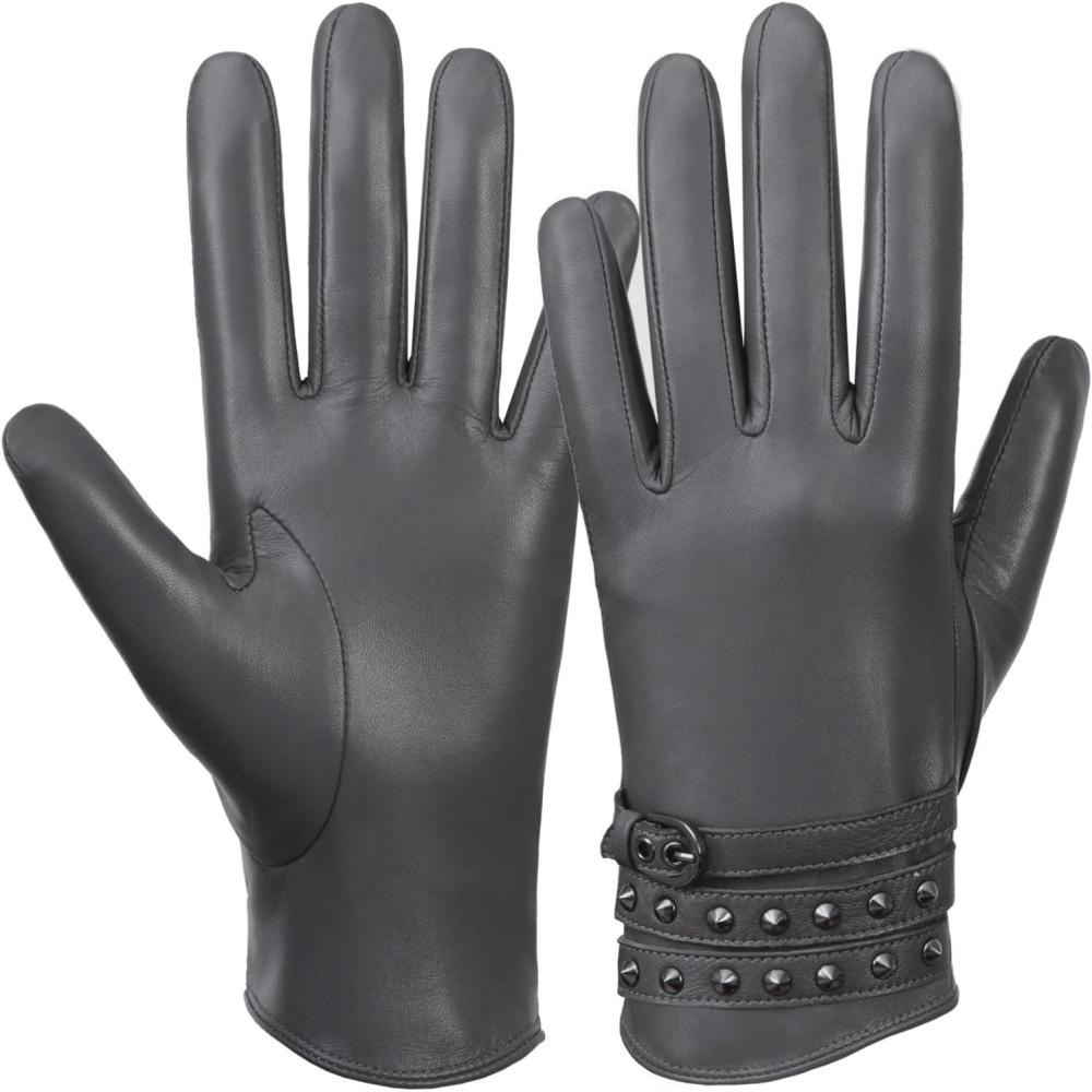 image:imageFIORETTO Womens Genuine Leather Gloves with Wool Lined Touchscreen Sheepskin Winter Warm Gloves W23006Grayfaux Fur Lined