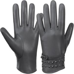 FIORETTO Womens Genuine Leather Gloves with Wool Lined Touchscreen Sheepskin Winter Warm Gloves W23006(Gray(faux Fur Lined))