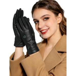 FIORETTO Women’s Winter Chrome-Free Sheepskin Leather Gloves Cashmere Wool Lined, Touchscreen & Embroidered W25003(Black Print)