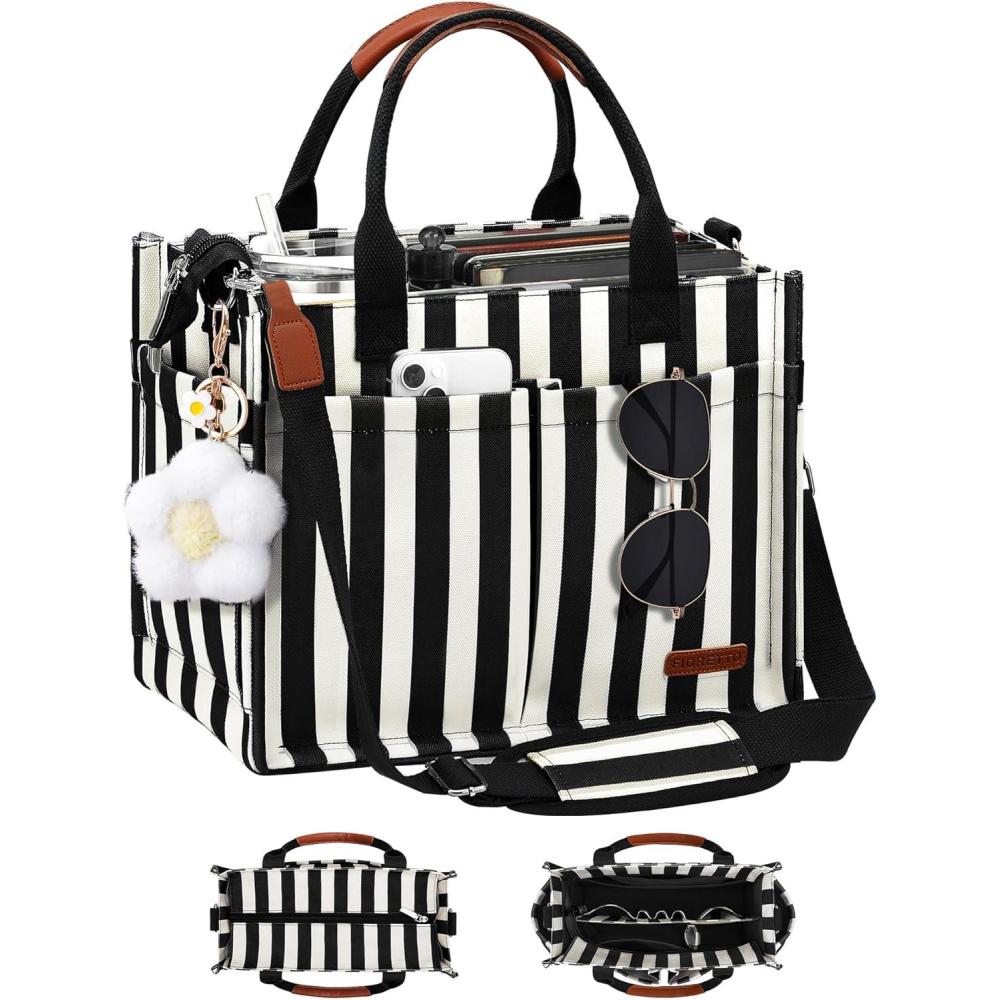 image:imageFIORETTO Womens Canvas Tote Bag Purse with Individual Compartment Zipper Top Reinforced Bottom amp Luggage SleeveStripes Black