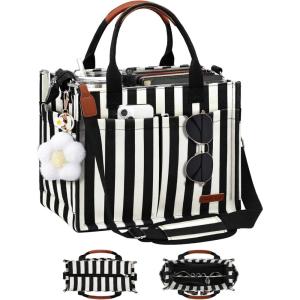 FIORETTO Womens Canvas Tote Bag Purse with Individual Compartment, Zipper Top, Reinforced Bottom & Luggage Sleeve(Stripes Black)