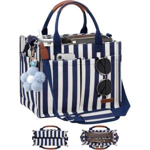 FIORETTO Womens Canvas Tote Bag Purse with Individual Compartment, Zipper Top, Reinforced Bottom & Luggage Sleeve(Stripes Navy)