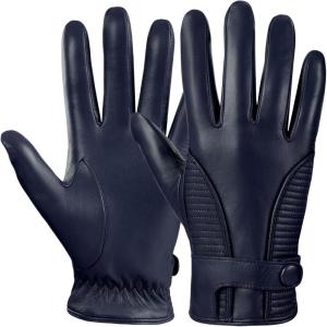 FIORETTO Men’s Winter Leather Gloves – Chrome-Free Sheepskin Driving Gloves with Cashmere Lining & Touchscreen M16516(Navy Blue)