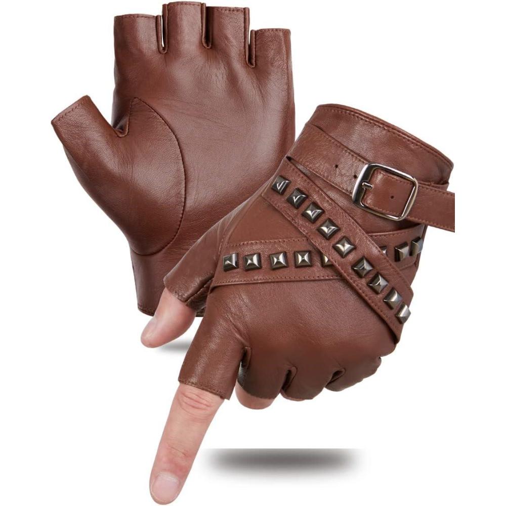 image:imageFIORETTO Mens Fingerless Leather Gloves  Half Finger Punk Style Sheepskin for Driving amp Motorcycle  M16519Brown