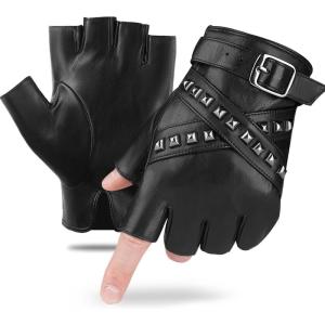 FIORETTO Mens Fingerless Leather Gloves – Half Finger Punk Style Sheepskin for Driving & Motorcycle – M16519(Black)