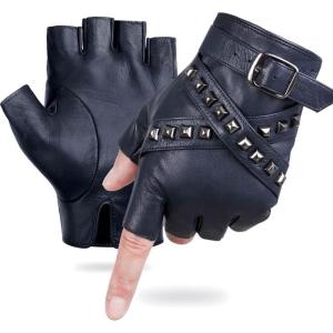 FIORETTO Mens Fingerless Leather Gloves – Half Finger Punk Style Sheepskin for Driving & Motorcycle – M16519(Navy Blue)