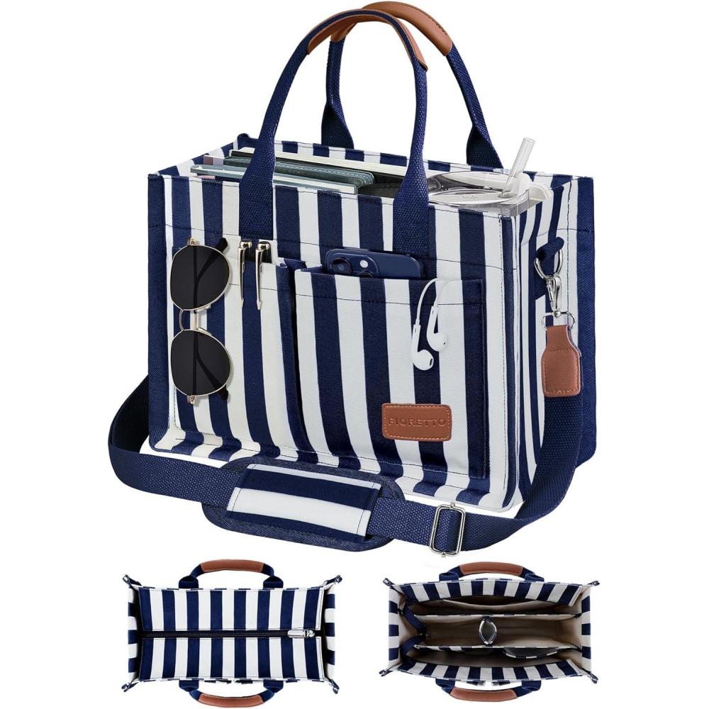 image:imageFIORETTO Canvas Tote Bag for Women with Zipper Closure amp Individual Compartments for Work College for Teacher amp NurseStripes Navy