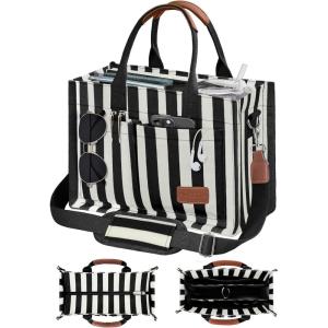 FIORETTO Canvas Tote Bag for Women with Zipper Closure & Individual Compartments for Work College for Teacher & Nurse(Stripes Black)