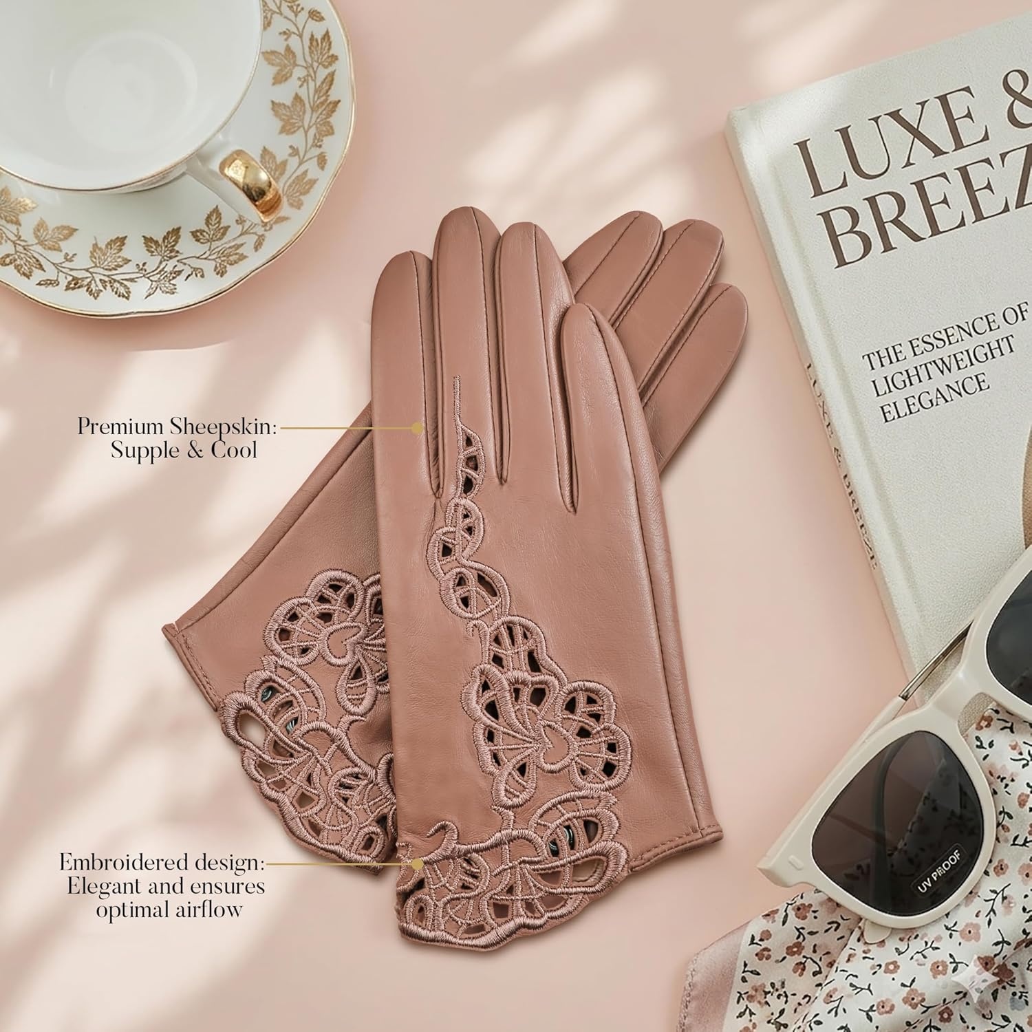 image:imageFIORETTO Womens Genuine Leather Driving Gloves Touchscreen Unlined Sheepskin Ladies Driving Gloves Thin W160020Camel