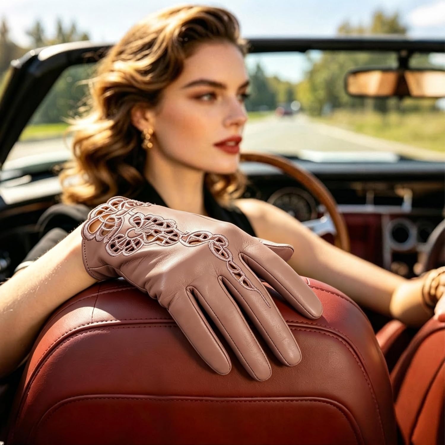 image:imageFIORETTO Womens Genuine Leather Driving Gloves Touchscreen Unlined Sheepskin Ladies Driving Gloves Thin W160020Camel
