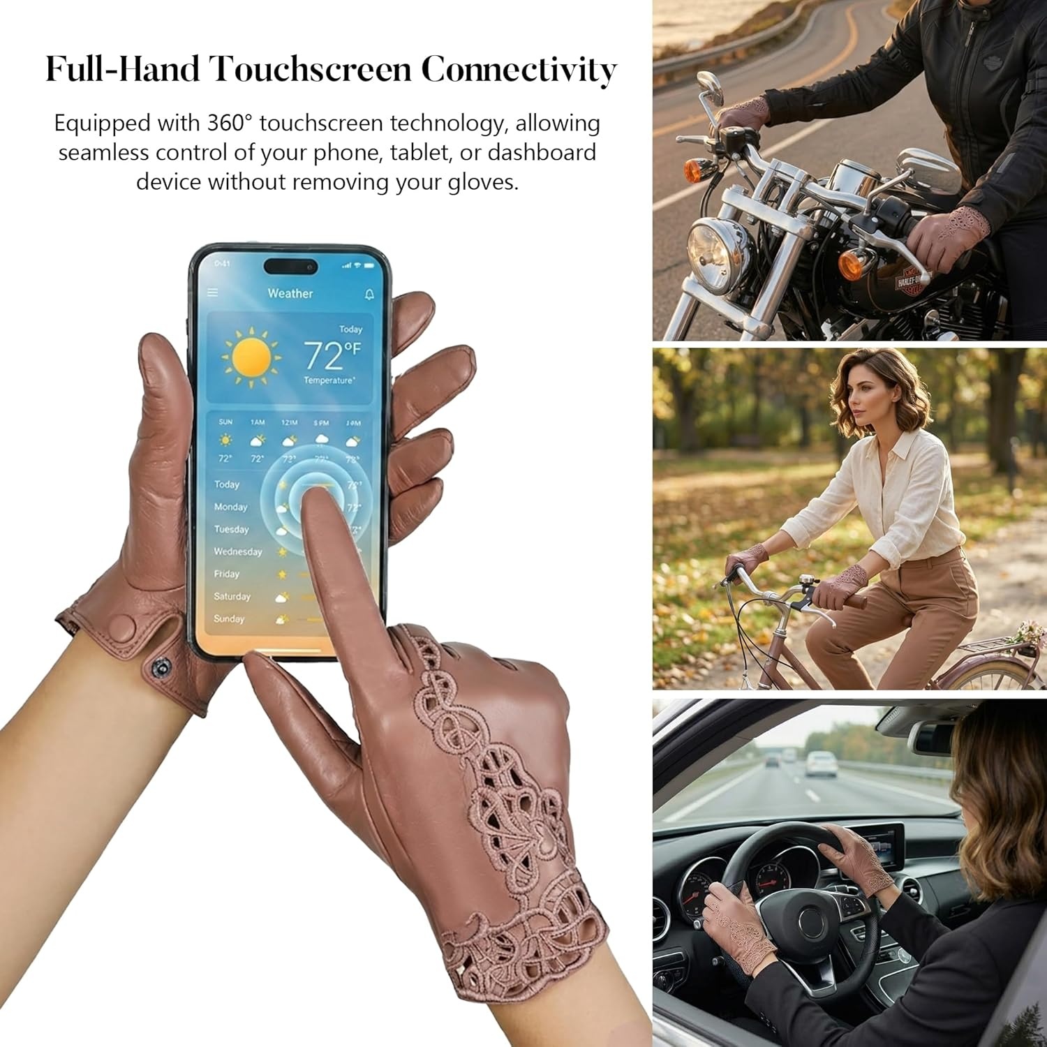 image:imageFIORETTO Womens Genuine Leather Driving Gloves Touchscreen Unlined Sheepskin Ladies Driving Gloves Thin W160020Camel