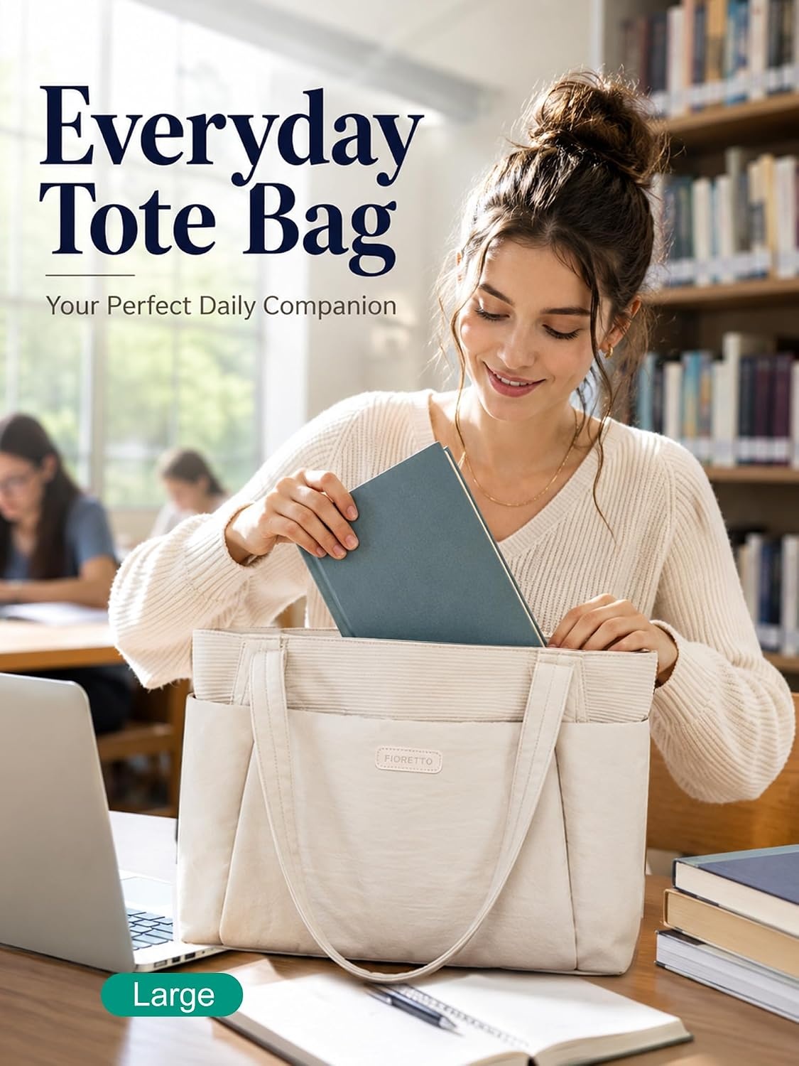 image:imageFIORETTO Puffer Tote Bag for Women Work Tote Bag with Laptop Compartment Zipper amp Pockets for Travel Nursing CollegeBeige