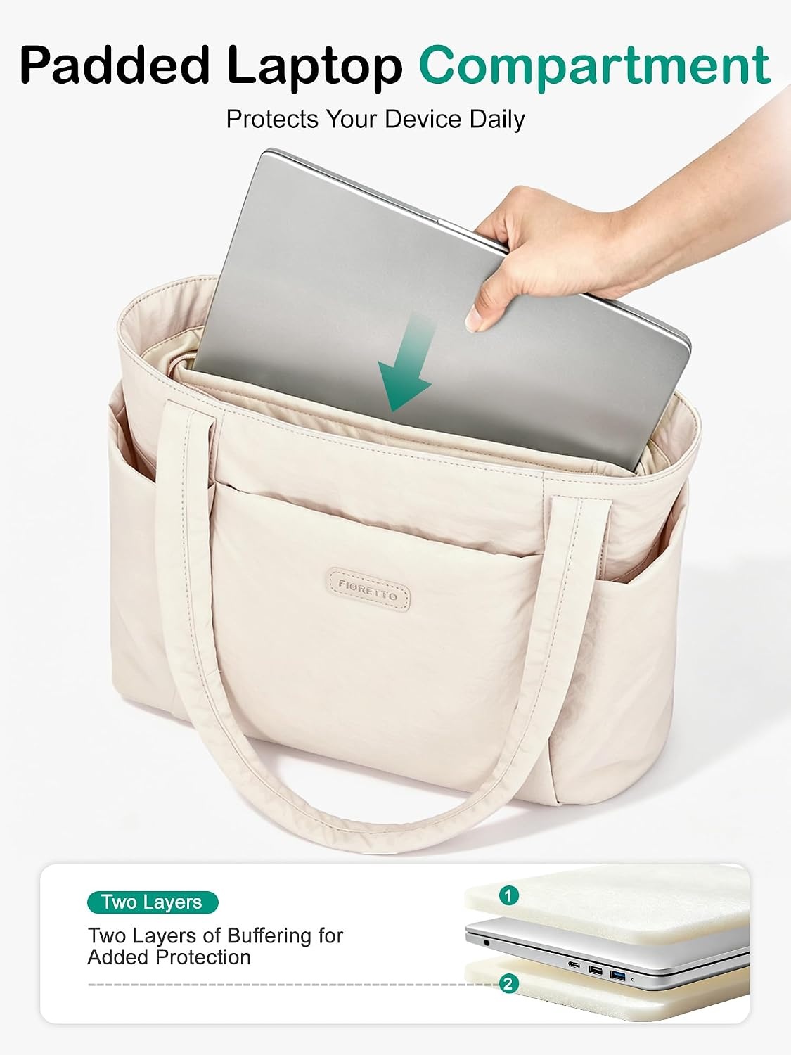 image:imageFIORETTO Puffer Tote Bag for Women Work Tote Bag with Laptop Compartment Zipper amp Pockets for Travel Nursing CollegeBeige