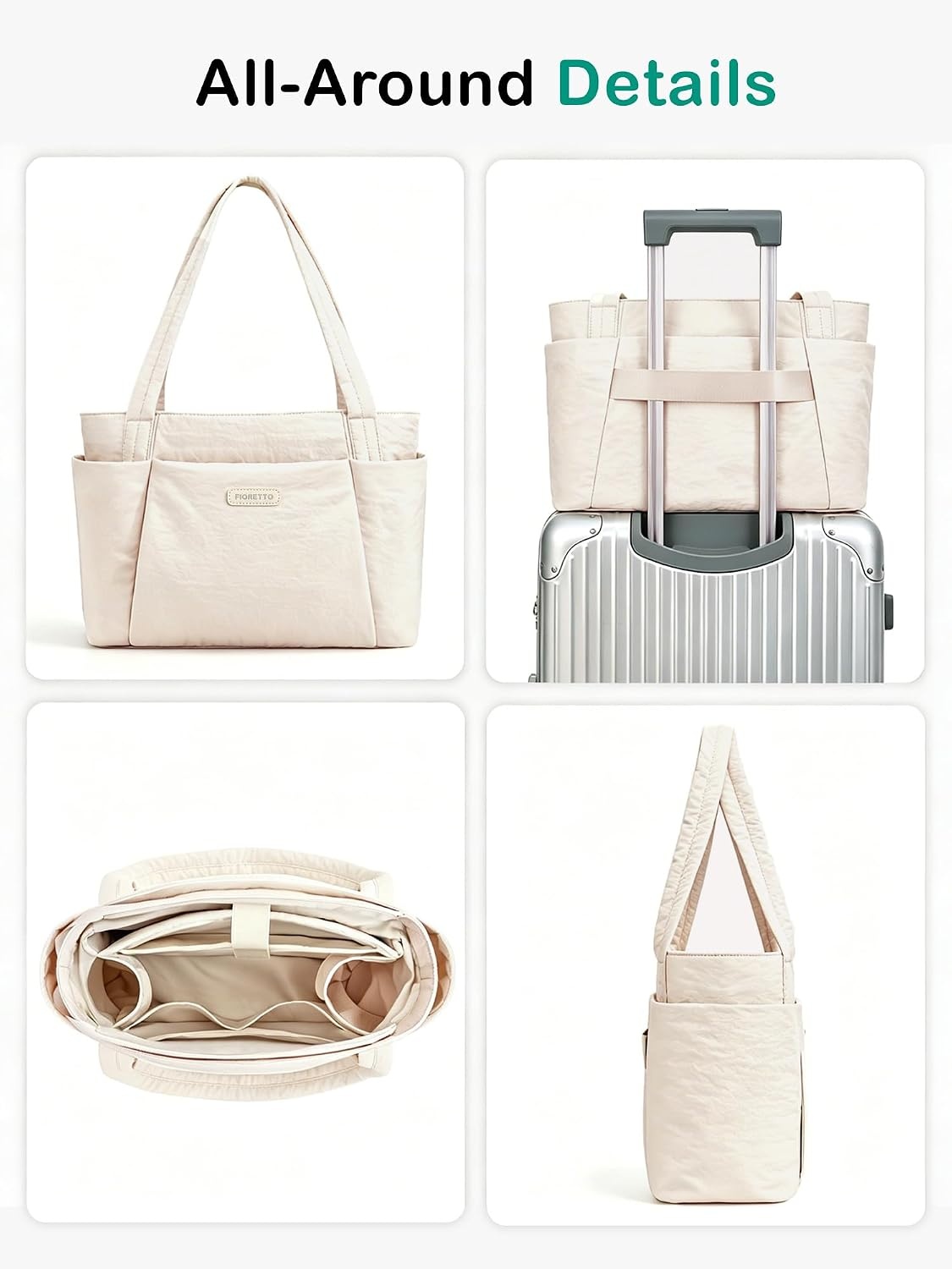 image:imageFIORETTO Puffer Tote Bag for Women Work Tote Bag with Laptop Compartment Zipper amp Pockets for Travel Nursing CollegeBeige