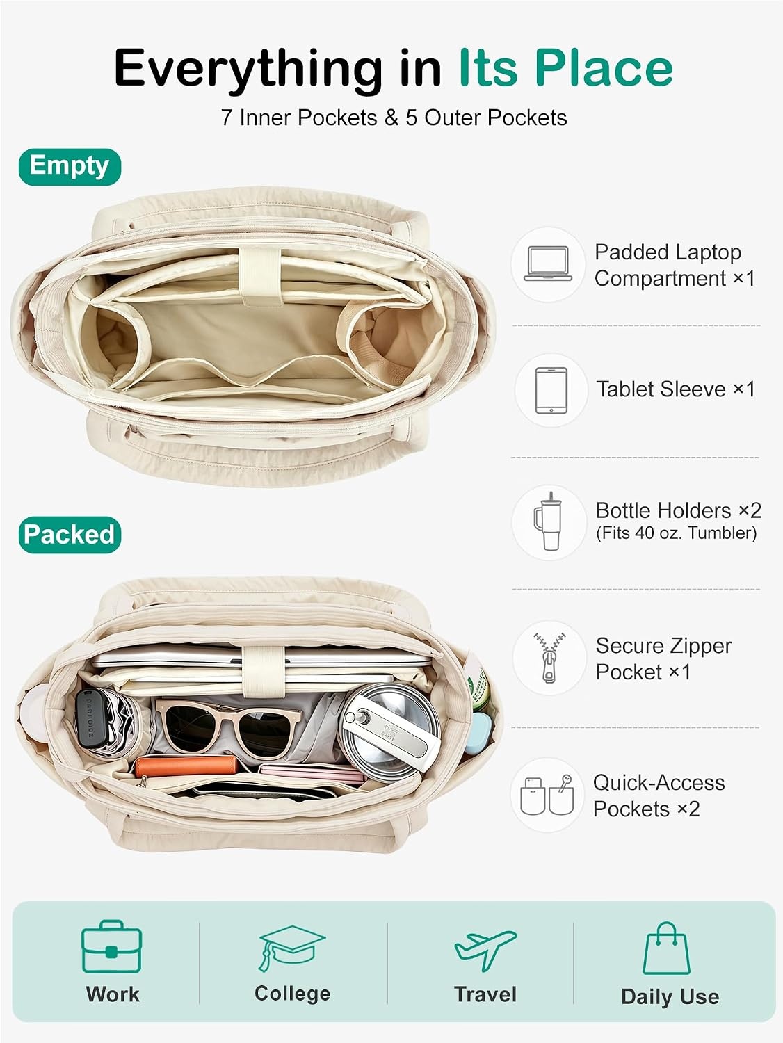 image:imageFIORETTO Puffer Tote Bag for Women Work Tote Bag with Laptop Compartment Zipper amp Pockets for Travel Nursing CollegeBeige