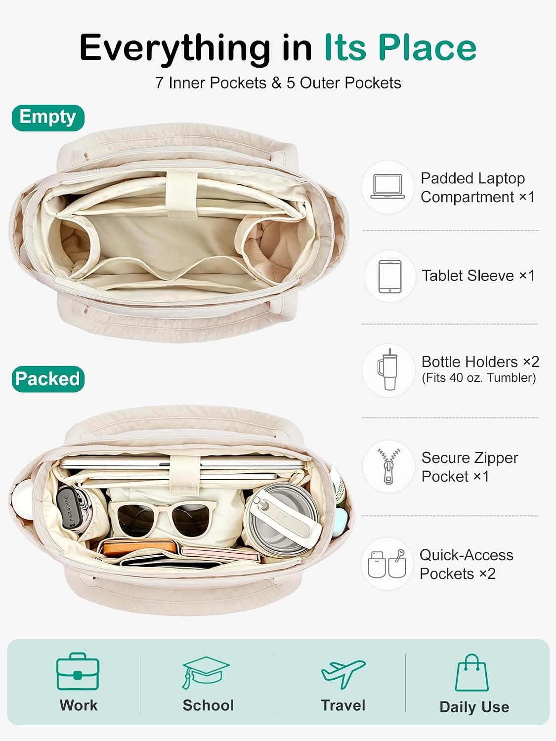 image:imageFIORETTO Puffer Tote Bag for Women Work Tote Bag with Laptop Compartment Zipper amp Pockets for Travel Nursing CollegeBeige