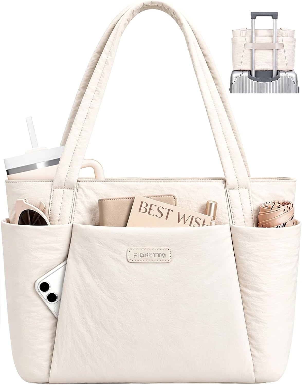 image:imageFIORETTO Puffer Tote Bag for Women Work Tote Bag with Laptop Compartment Zipper amp Pockets for Travel Nursing CollegeBeige