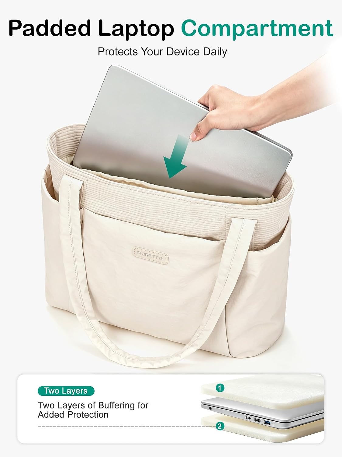 image:imageFIORETTO Puffer Tote Bag for Women Work Tote Bag with Laptop Compartment Zipper amp Pockets for Travel Nursing CollegeBeige