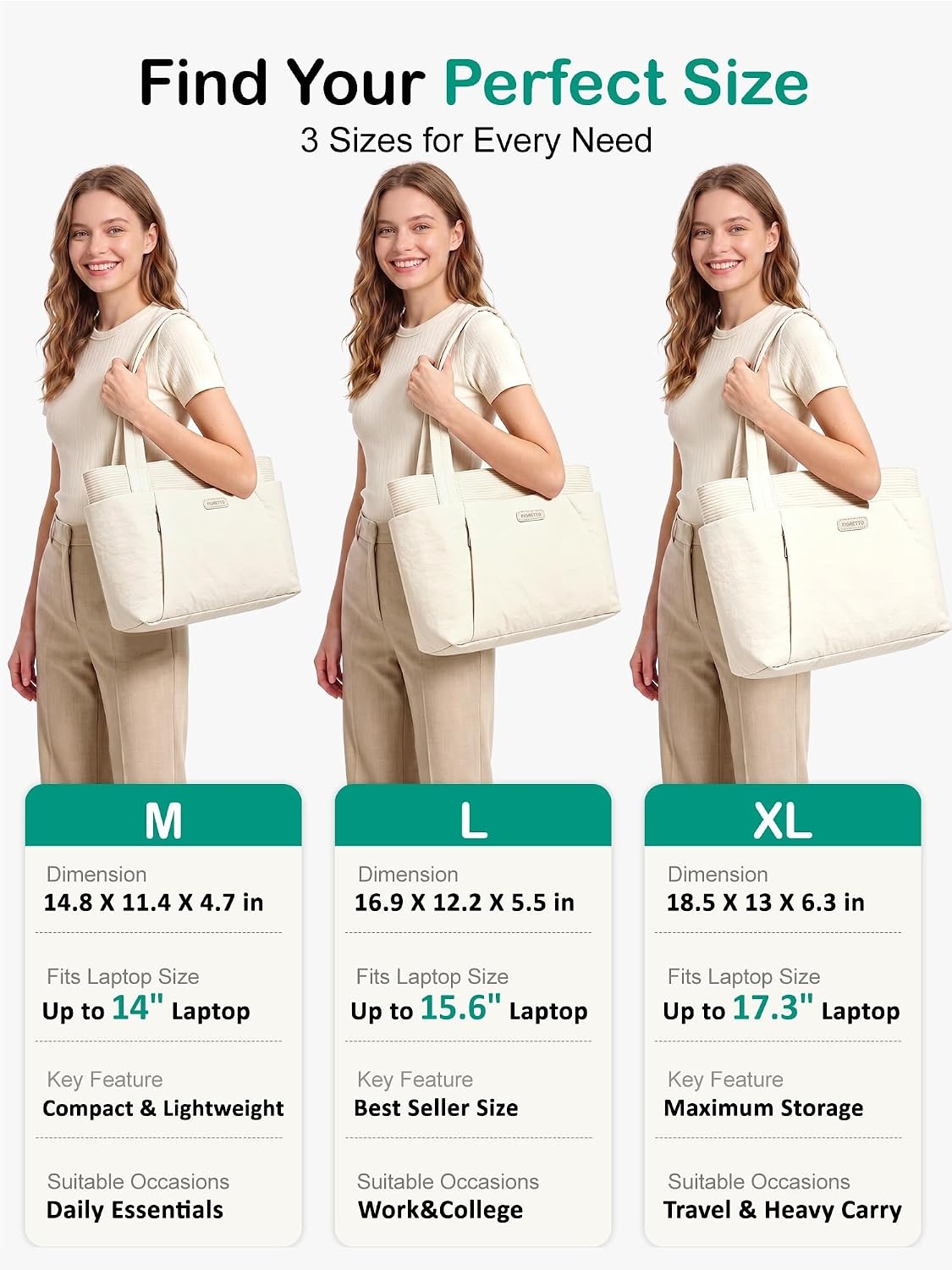 image:imageFIORETTO Puffer Tote Bag for Women Work Tote Bag with Laptop Compartment Zipper amp Pockets for Travel Nursing CollegeBeige