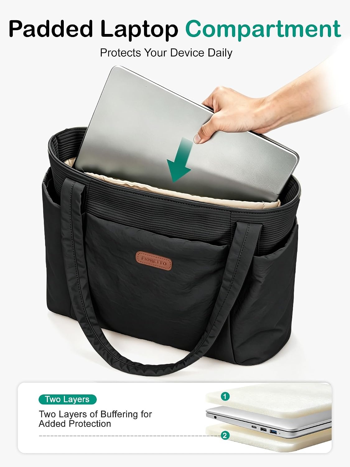 image:imageFIORETTO Puffer Tote Bag for Women Work Tote Bag with Laptop Compartment Zipper amp Pockets for Travel Nursing CollegeBlack