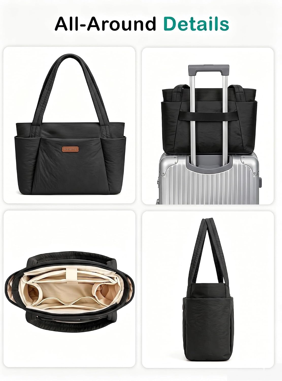 image:imageFIORETTO Puffer Tote Bag for Women Work Tote Bag with Laptop Compartment Zipper amp Pockets for Travel Nursing CollegeBlack