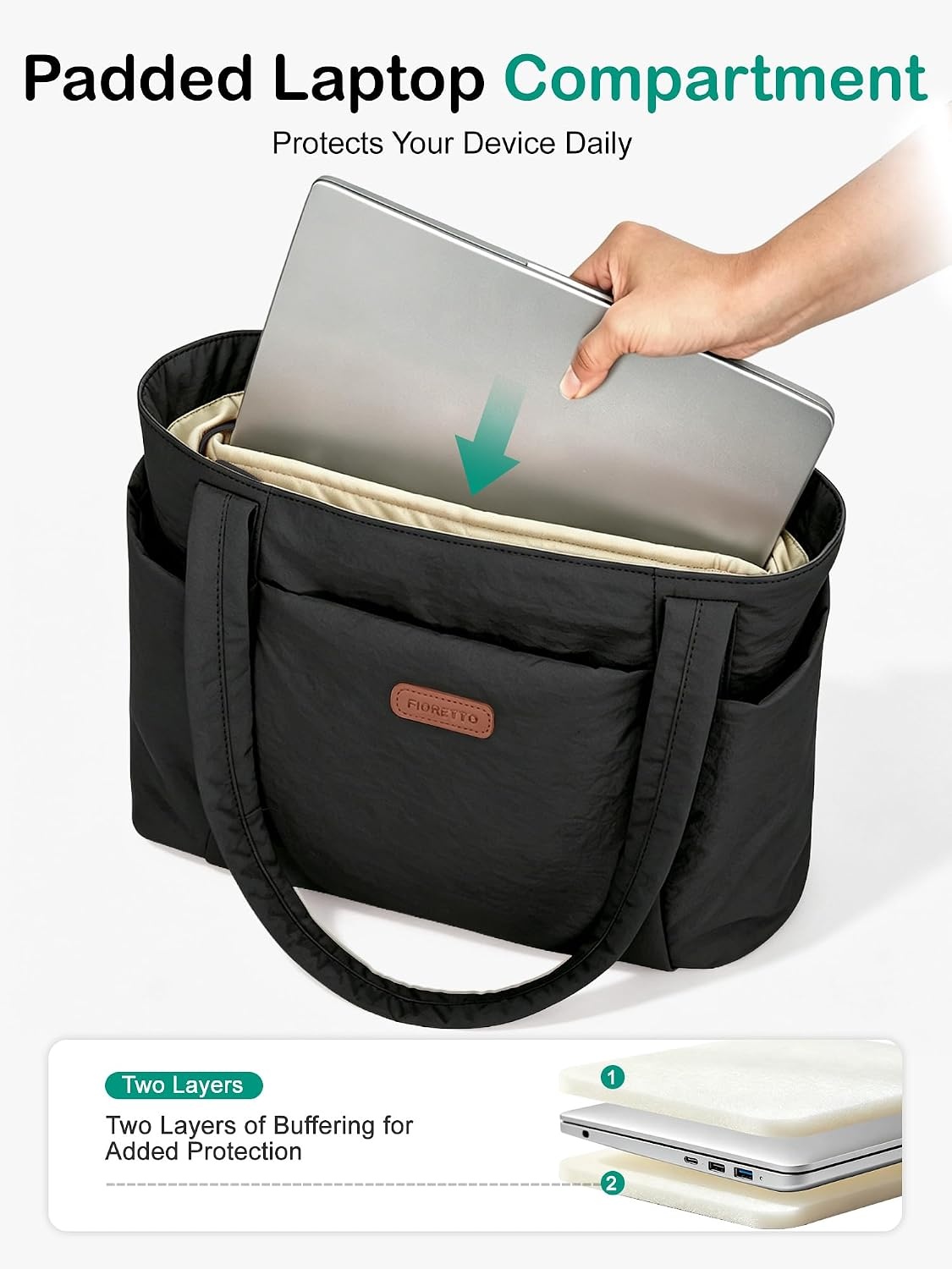 image:imageFIORETTO Puffer Tote Bag for Women Work Tote Bag with Laptop Compartment Zipper amp Pockets for Travel Nursing CollegeBlack