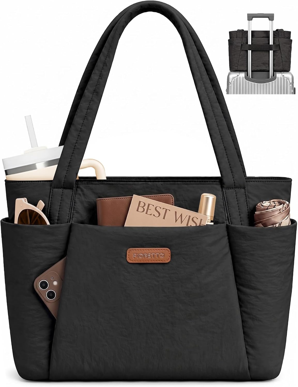 image:imageFIORETTO Puffer Tote Bag for Women Work Tote Bag with Laptop Compartment Zipper amp Pockets for Travel Nursing CollegeBlack