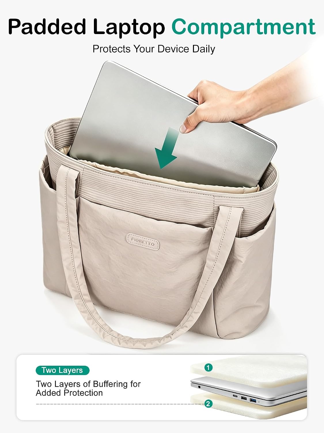 image:imageFIORETTO Puffer Tote Bag for Women Work Tote Bag with Laptop Compartment Zipper amp Pockets for Travel Nursing CollegeKhaki