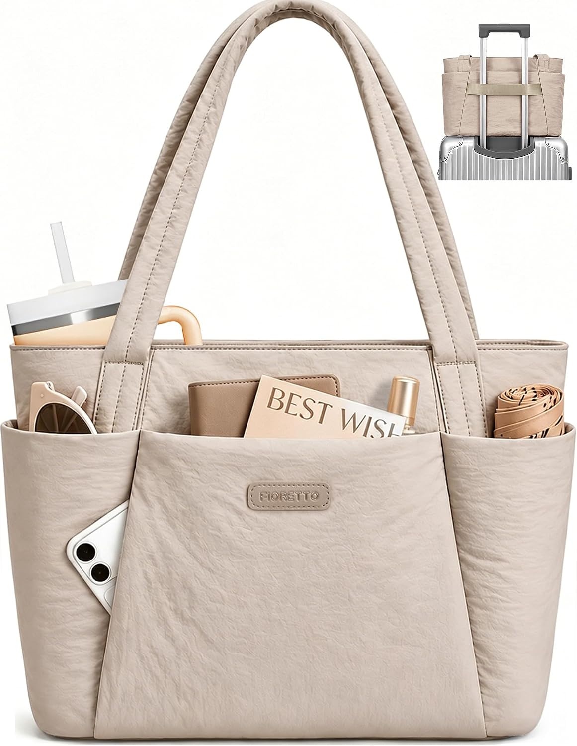 image:imageFIORETTO Puffer Tote Bag for Women Work Tote Bag with Laptop Compartment Zipper amp Pockets for Travel Nursing CollegeKhaki